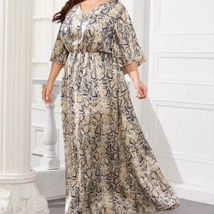 bell sleeve snakeskin pattern satin maxi dress